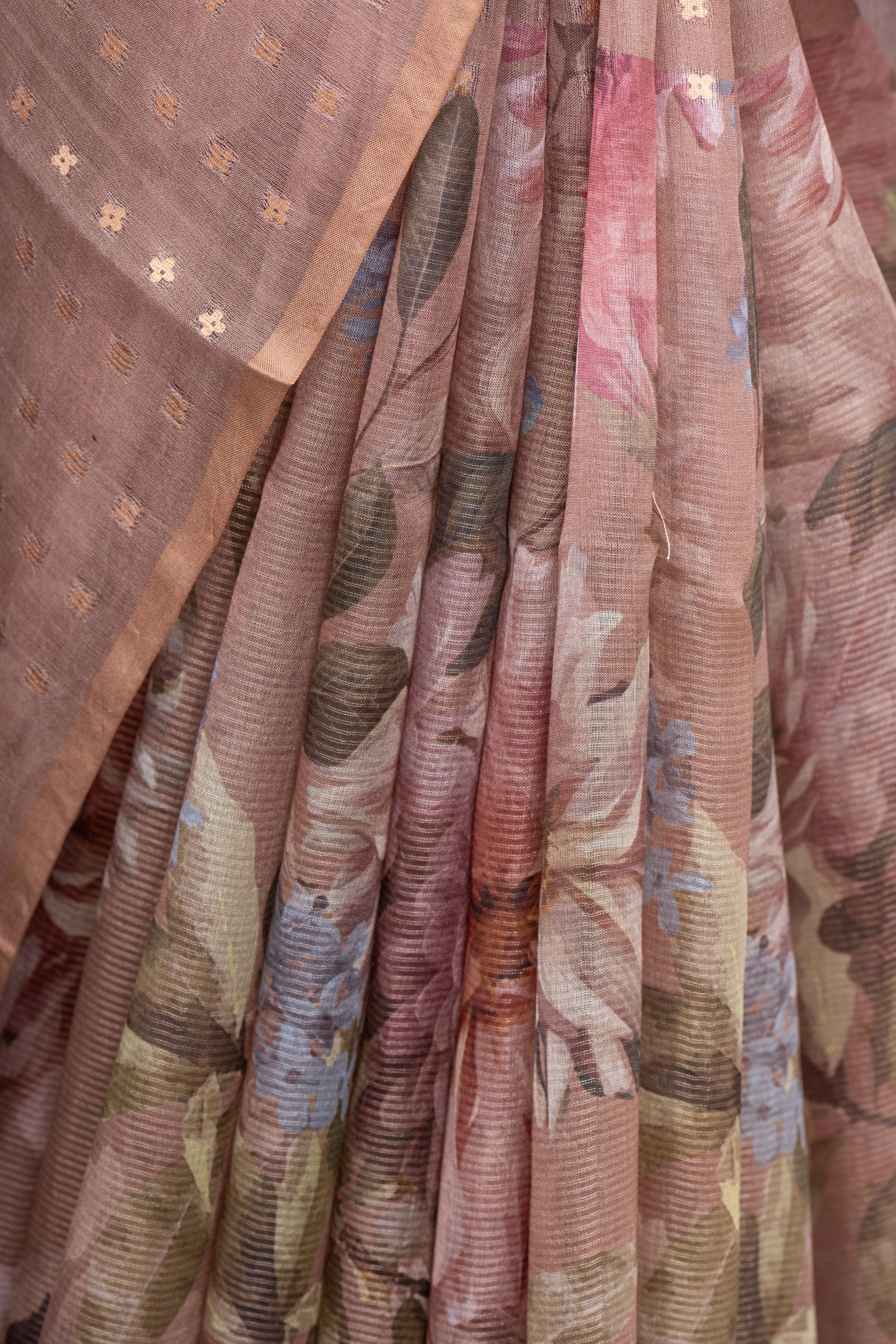 Printed Brown Organza Saree