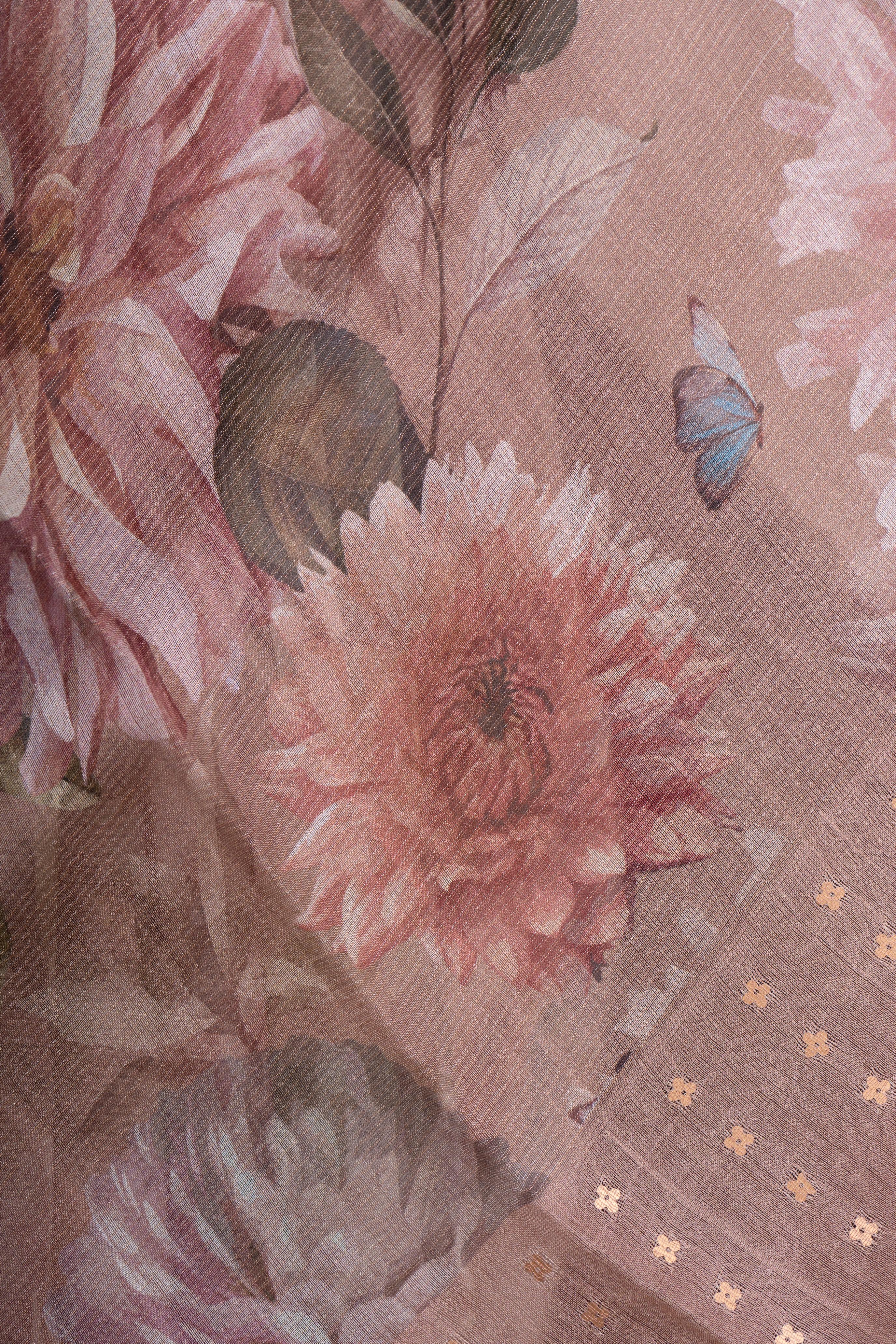 Printed Brown Organza Saree