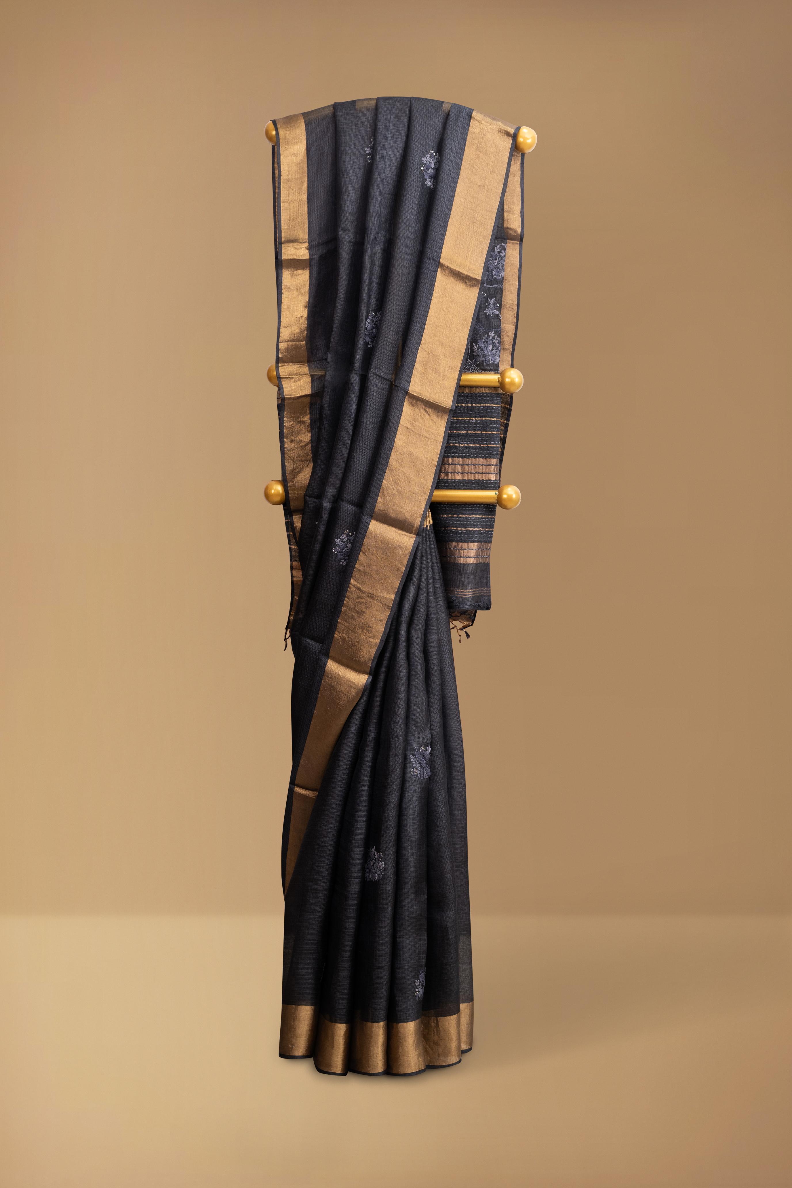 Hand-embroidered Black Kota Silk Saree