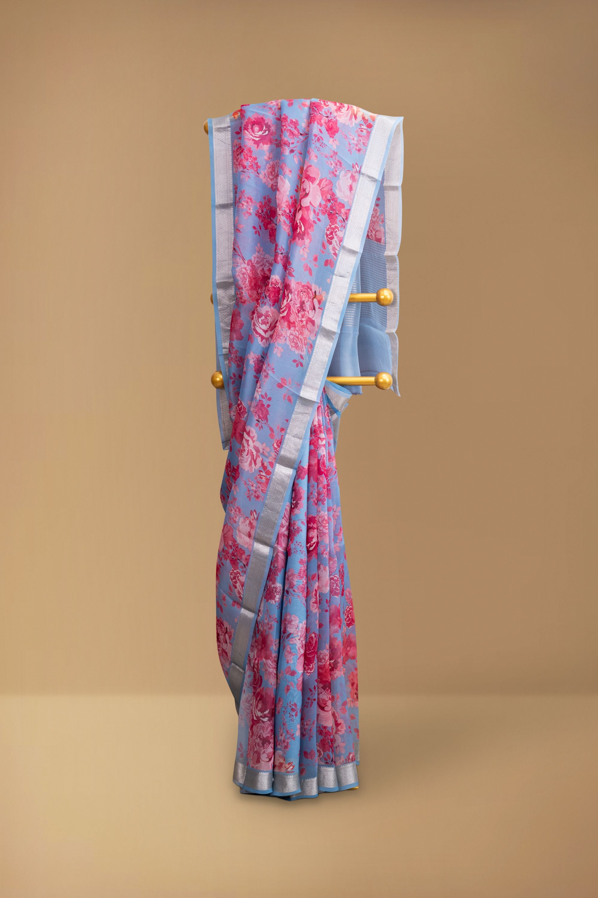 Printed Blue Organza Saree