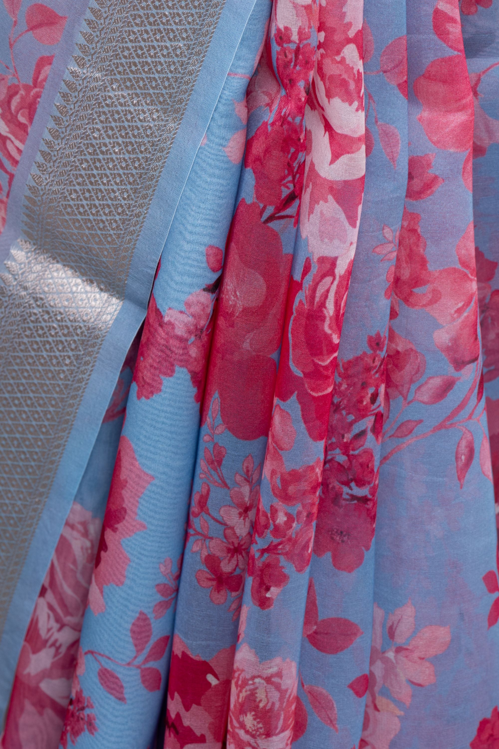 Printed Blue Organza Saree