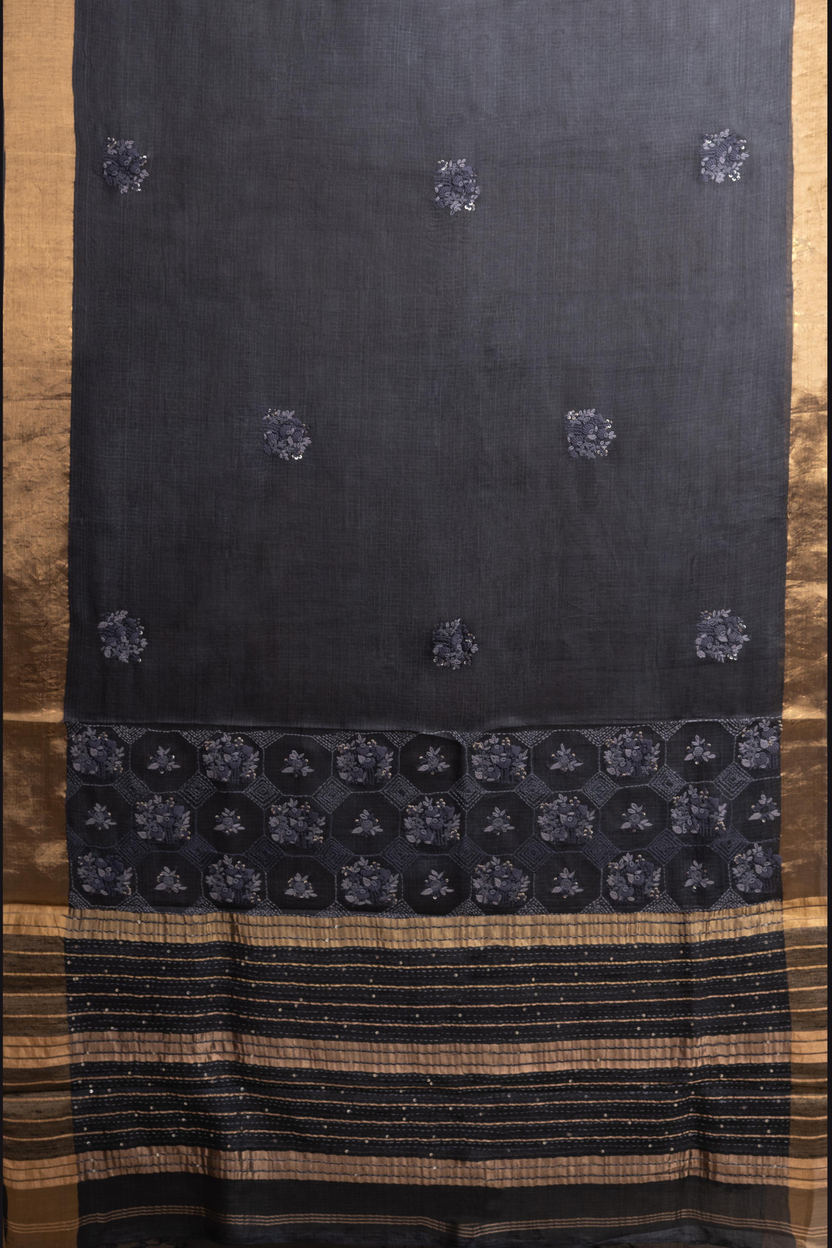 Hand-embroidered Black Kota Silk Saree
