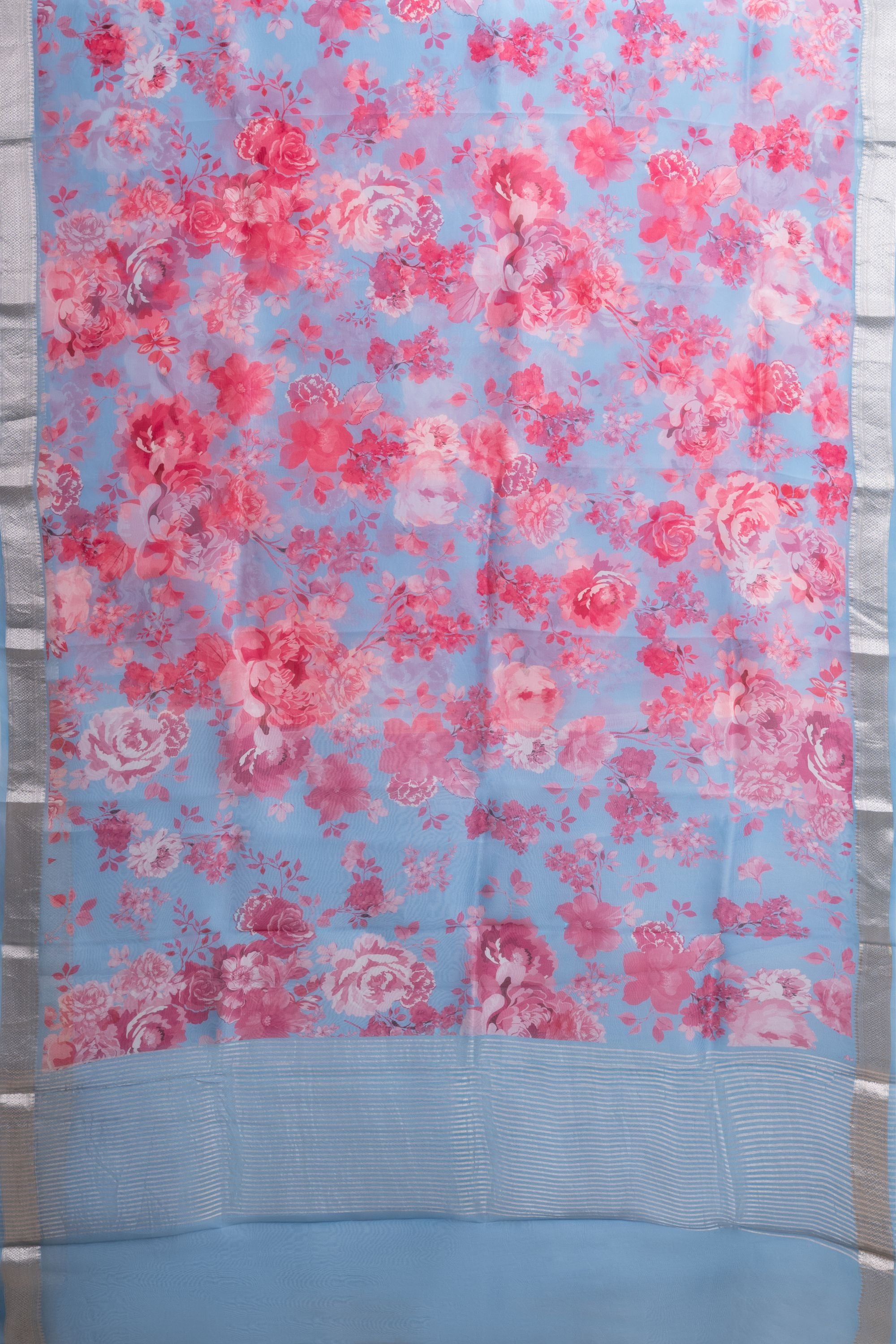 Printed Blue Organza Saree