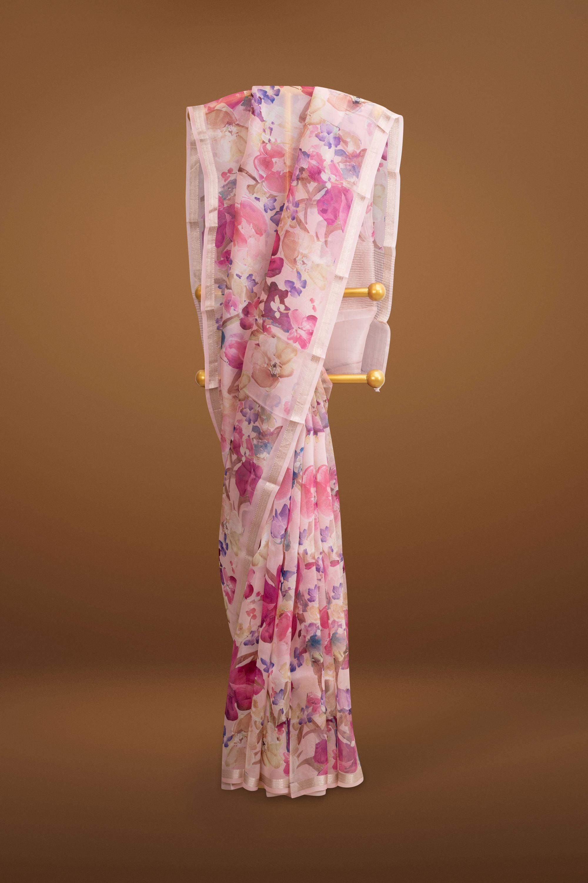 Printed Pink Organza Saree