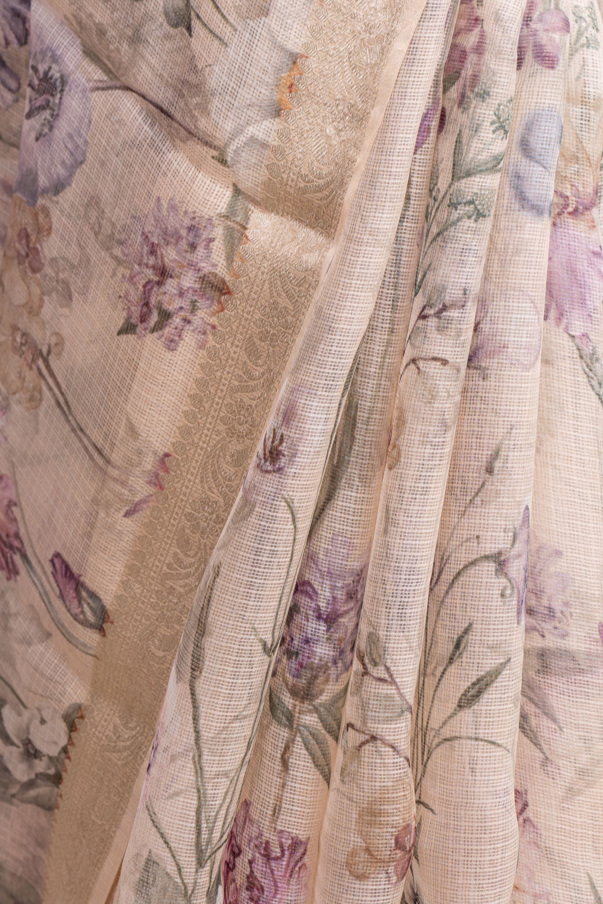 Printed Peach Kota Silk Saree