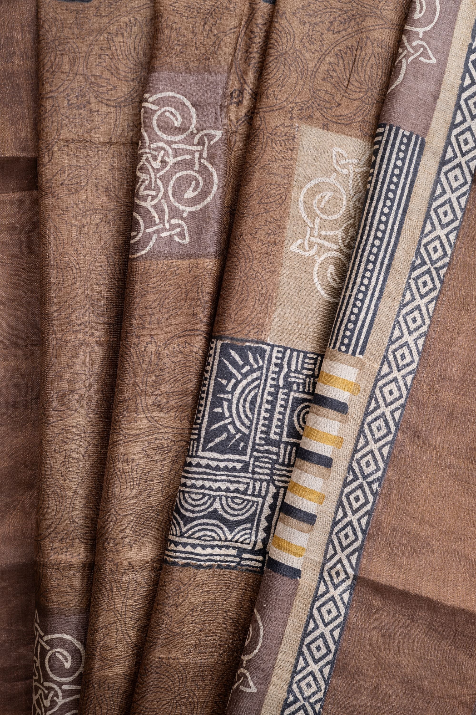 Block Printed Brown Tussar Silk Saree