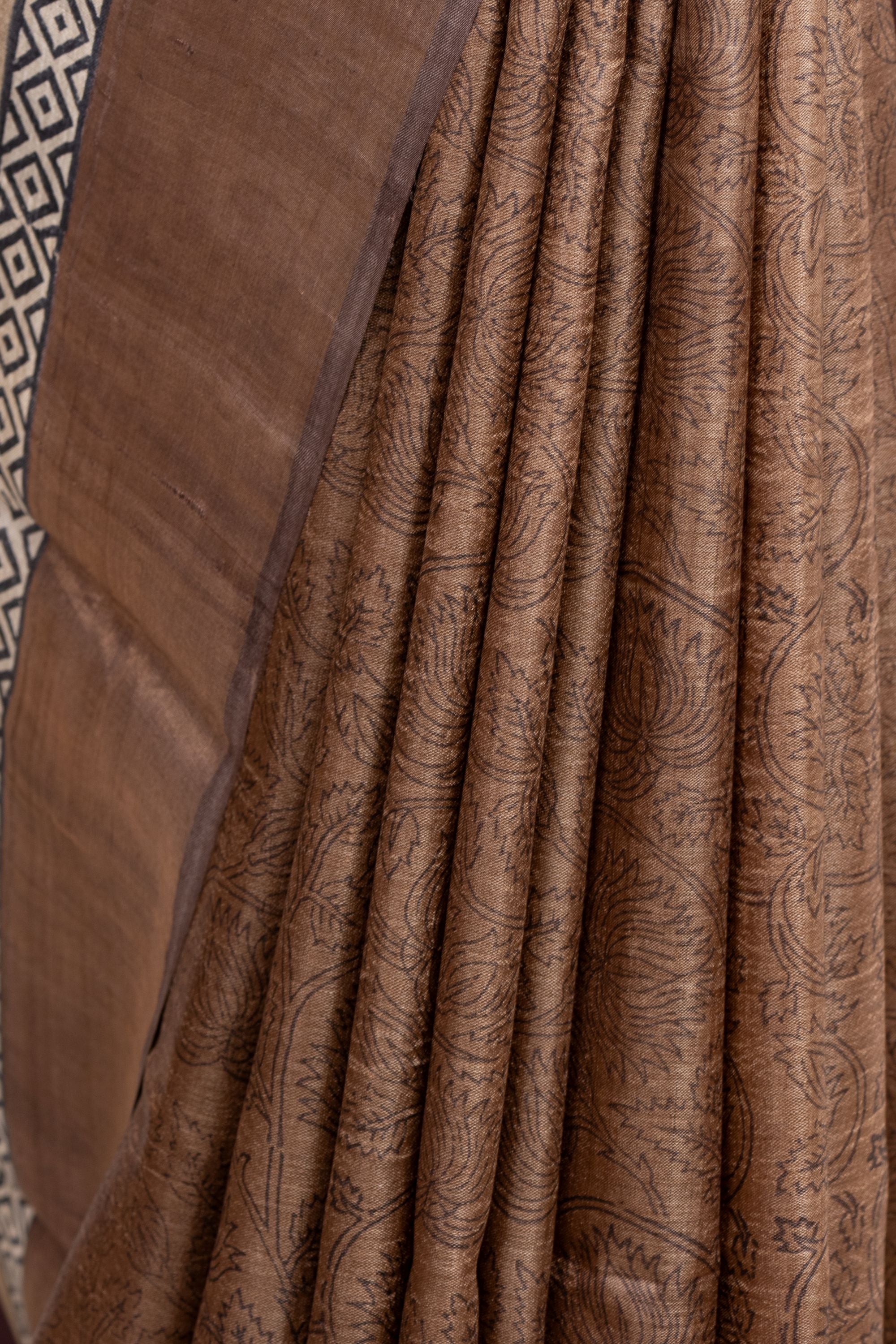 Block Printed Brown Tussar Silk Saree