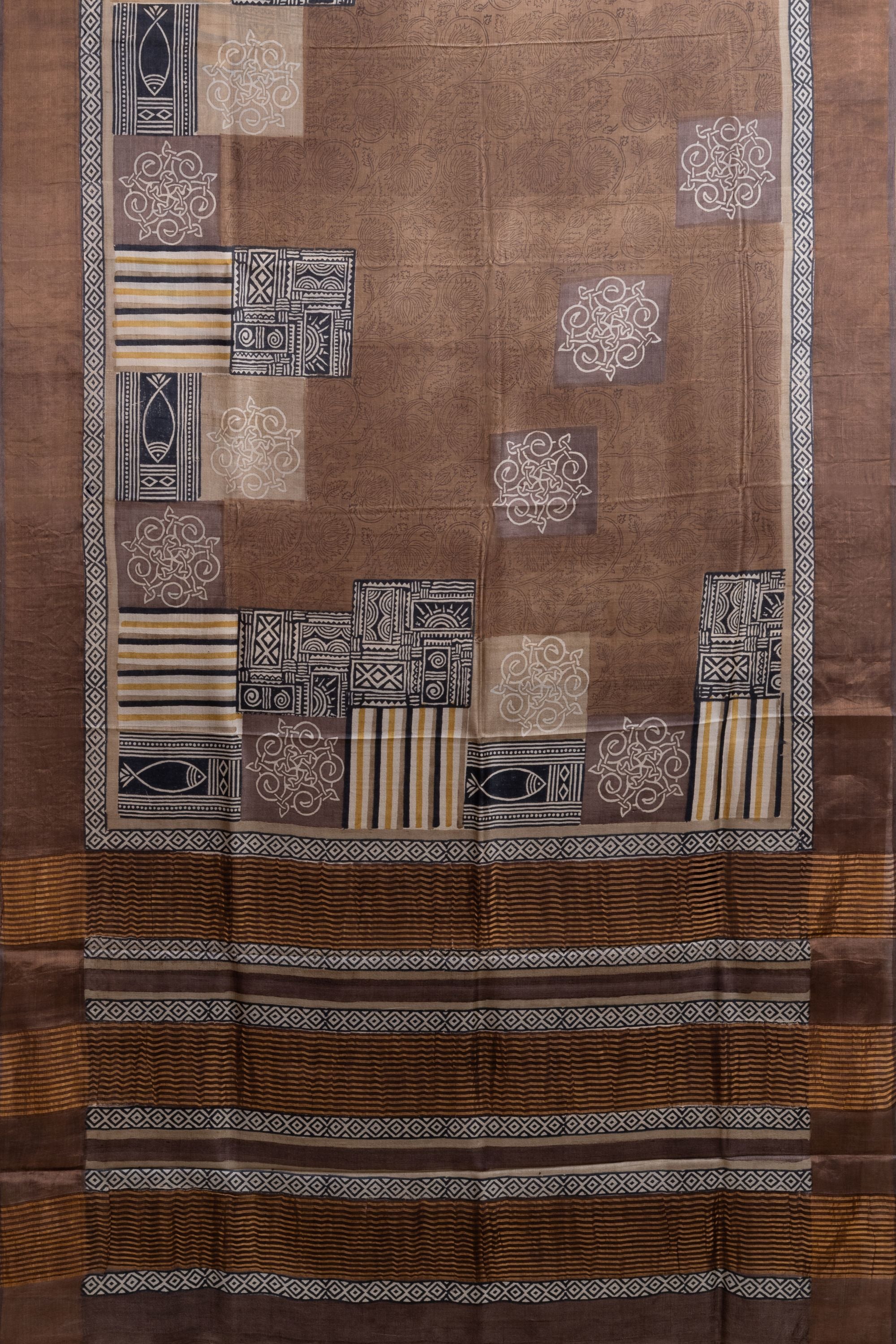 Block Printed Brown Tussar Silk Saree