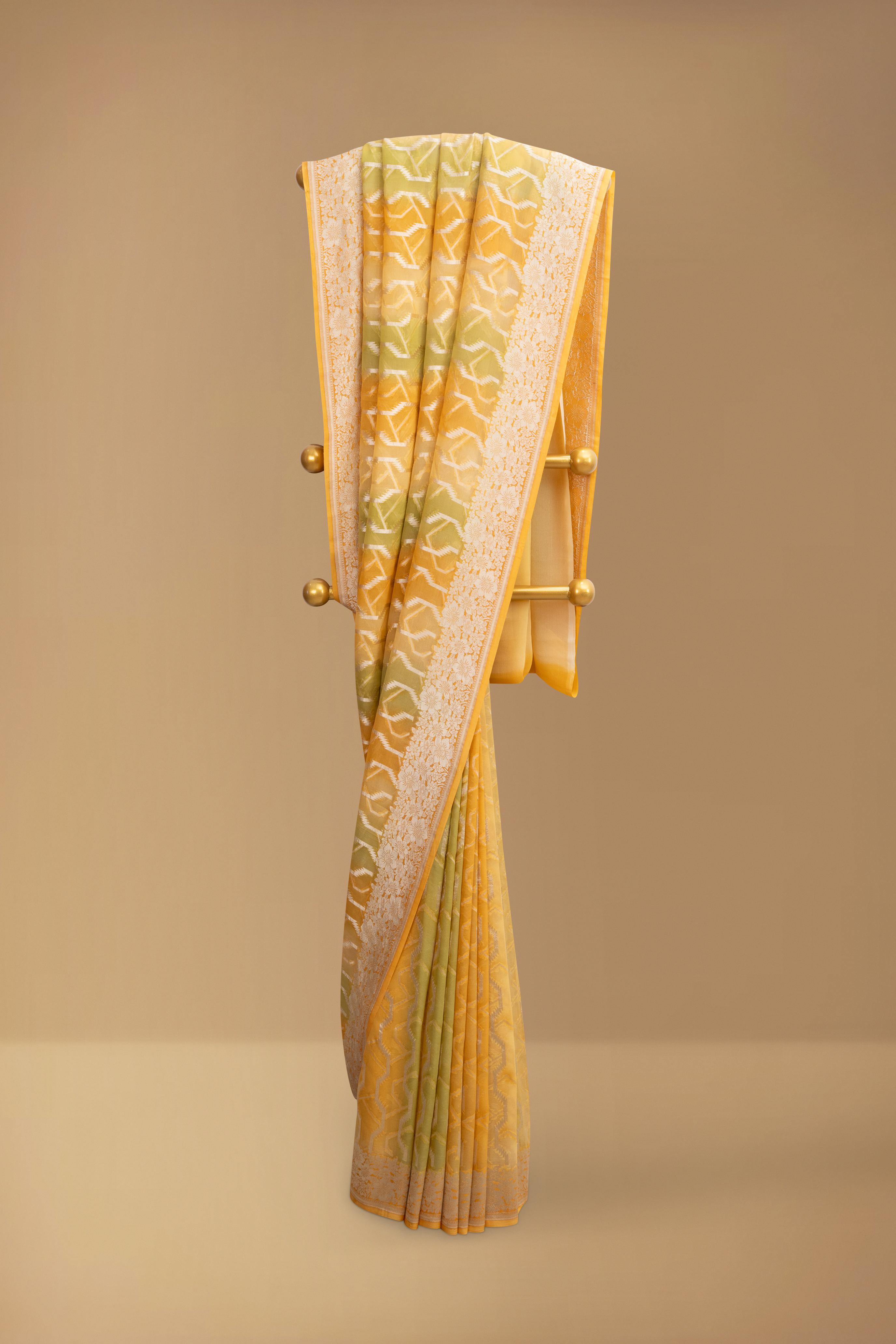 Yellow Green Khaddi Georgette Saree
