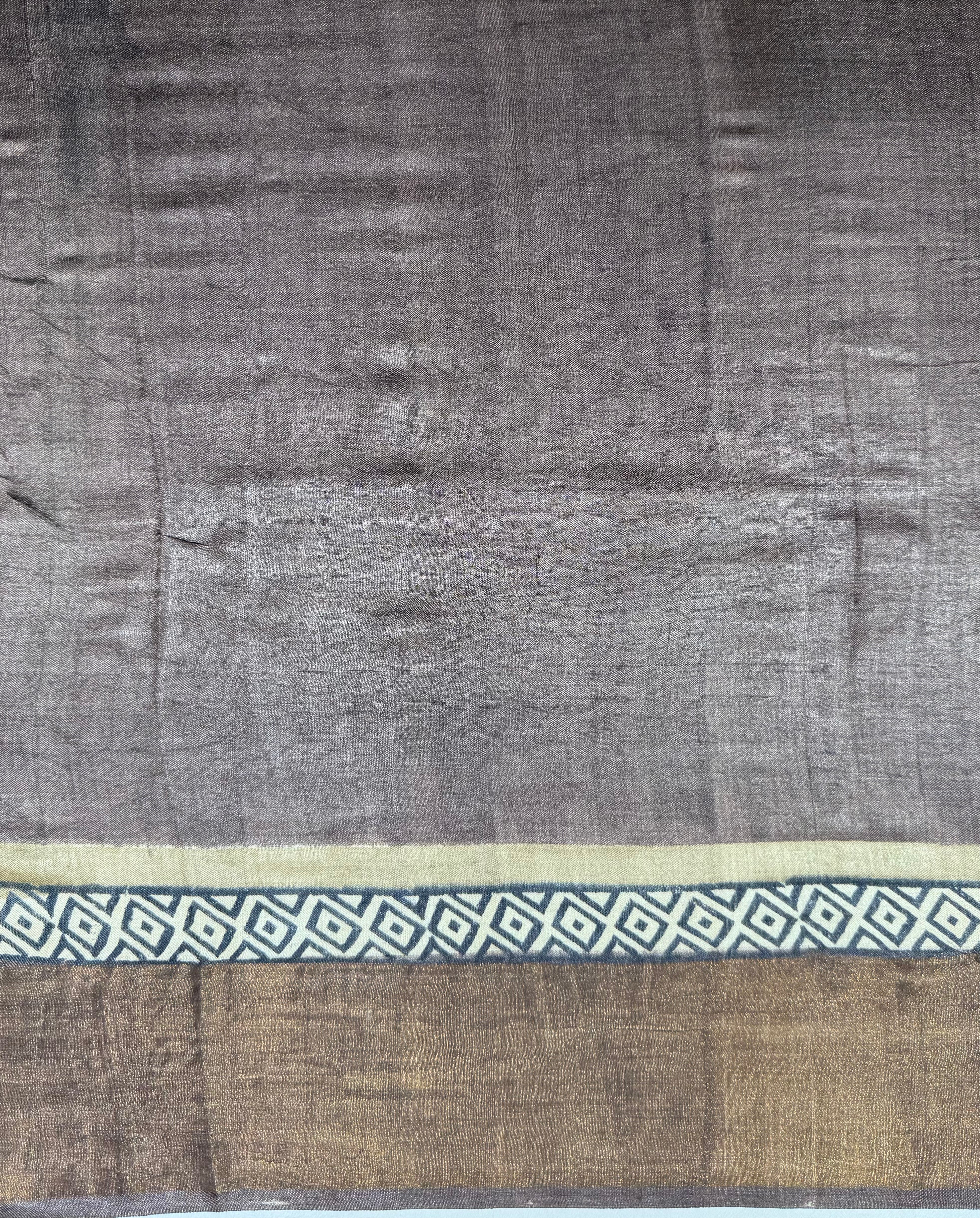 Block Printed Brown Tussar Silk Saree