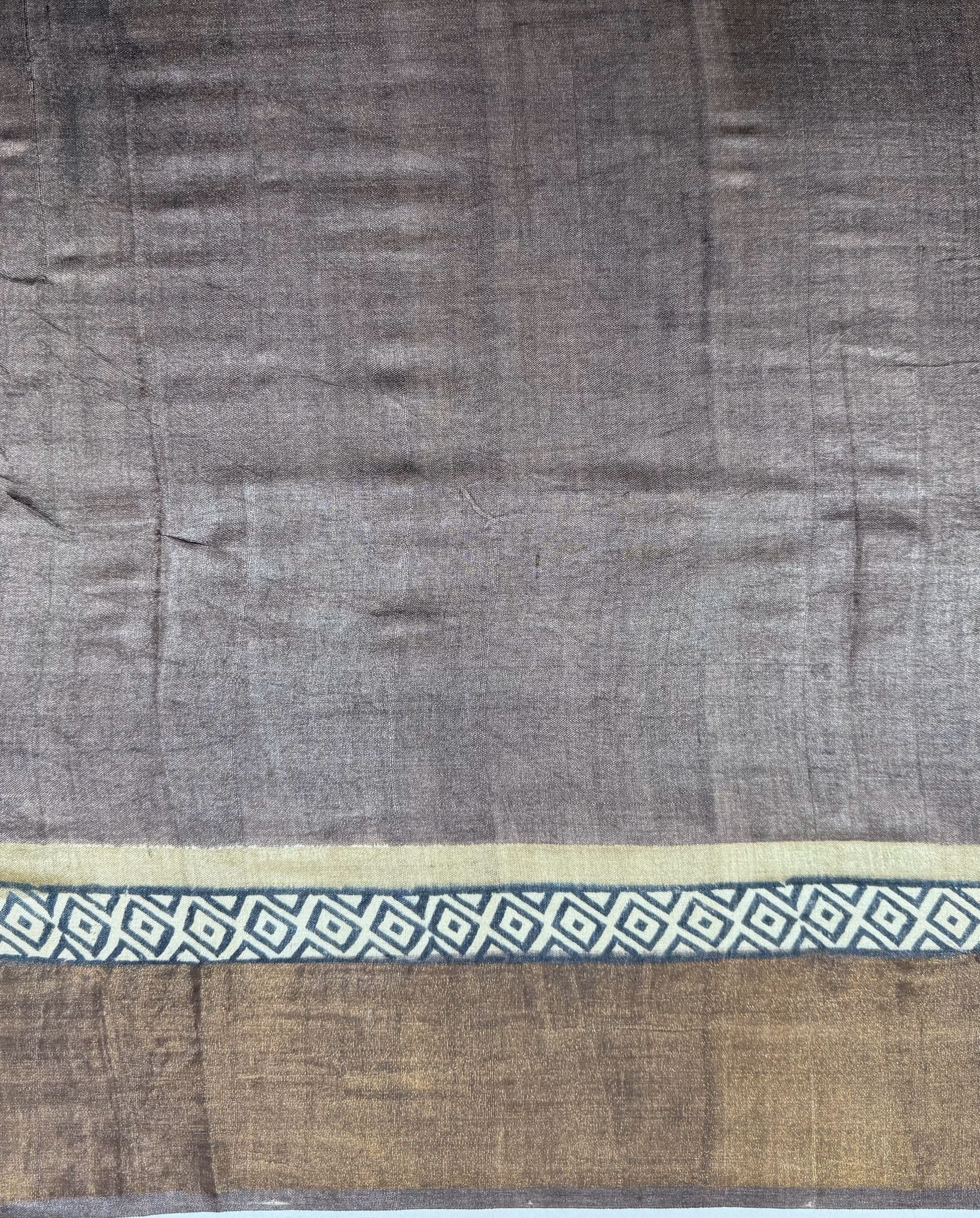 Block Printed Brown Tussar Silk Saree