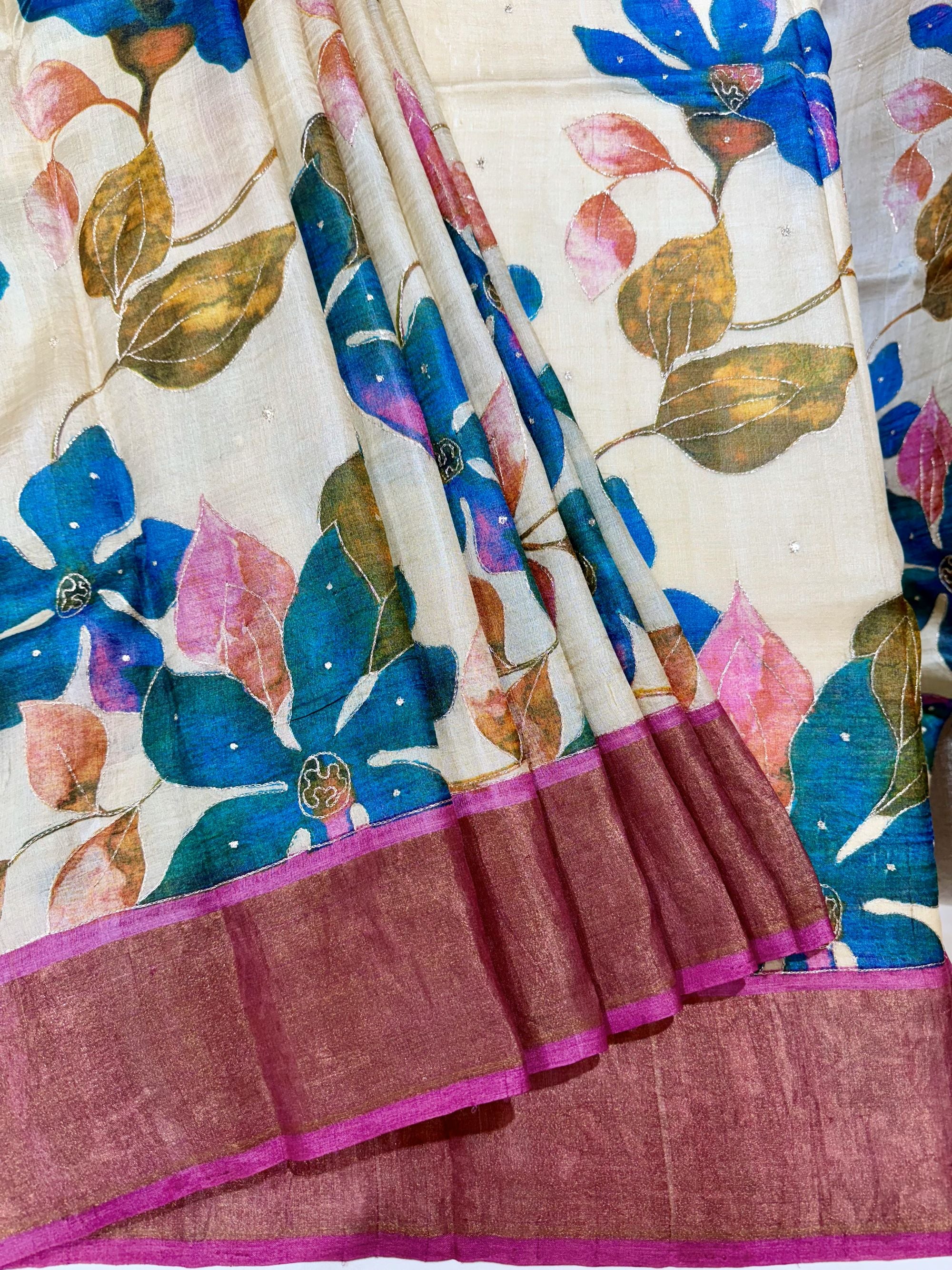 Handpainted Cream Tussar Silk Saree