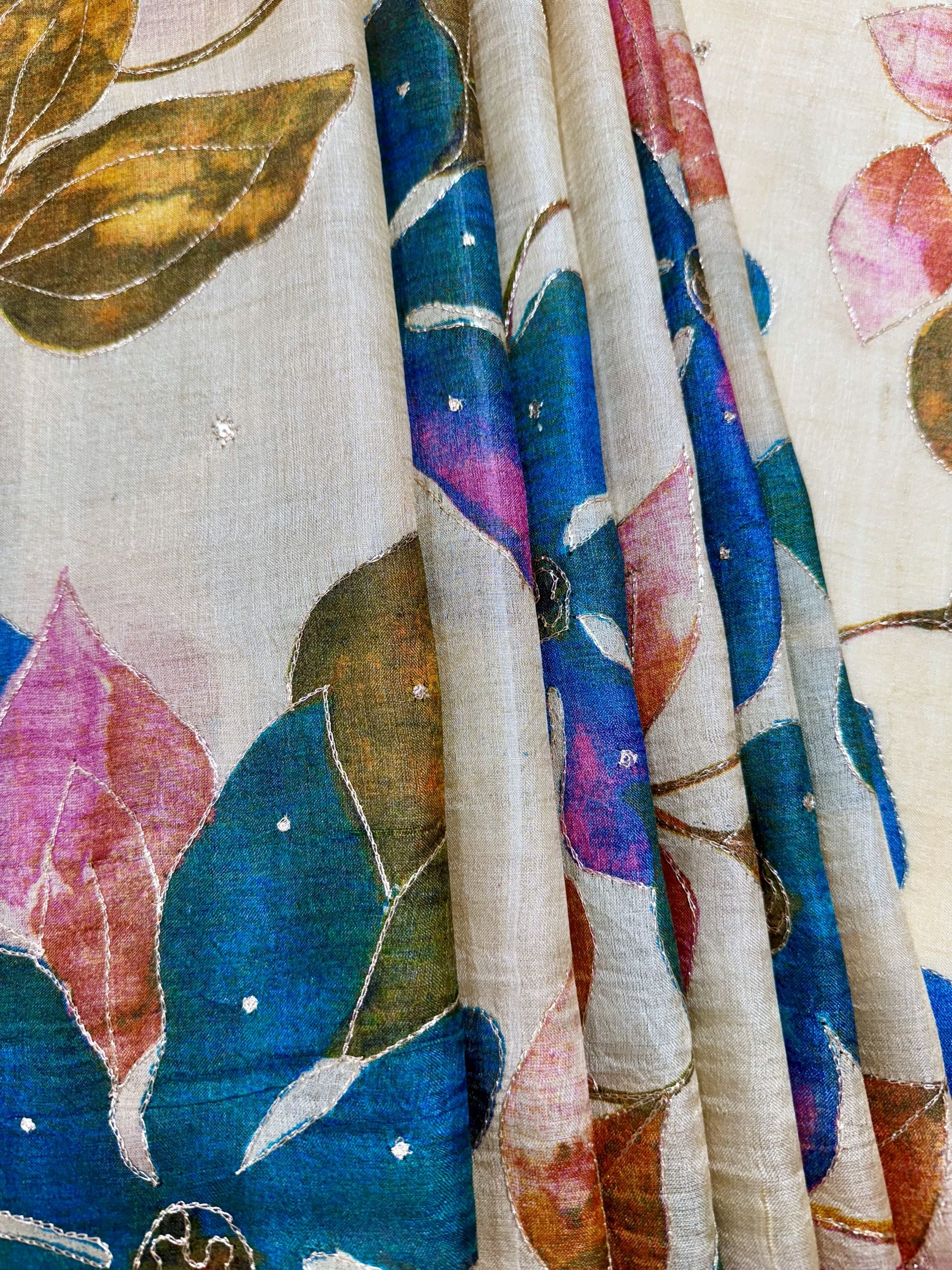 Handpainted Cream Tussar Silk Saree
