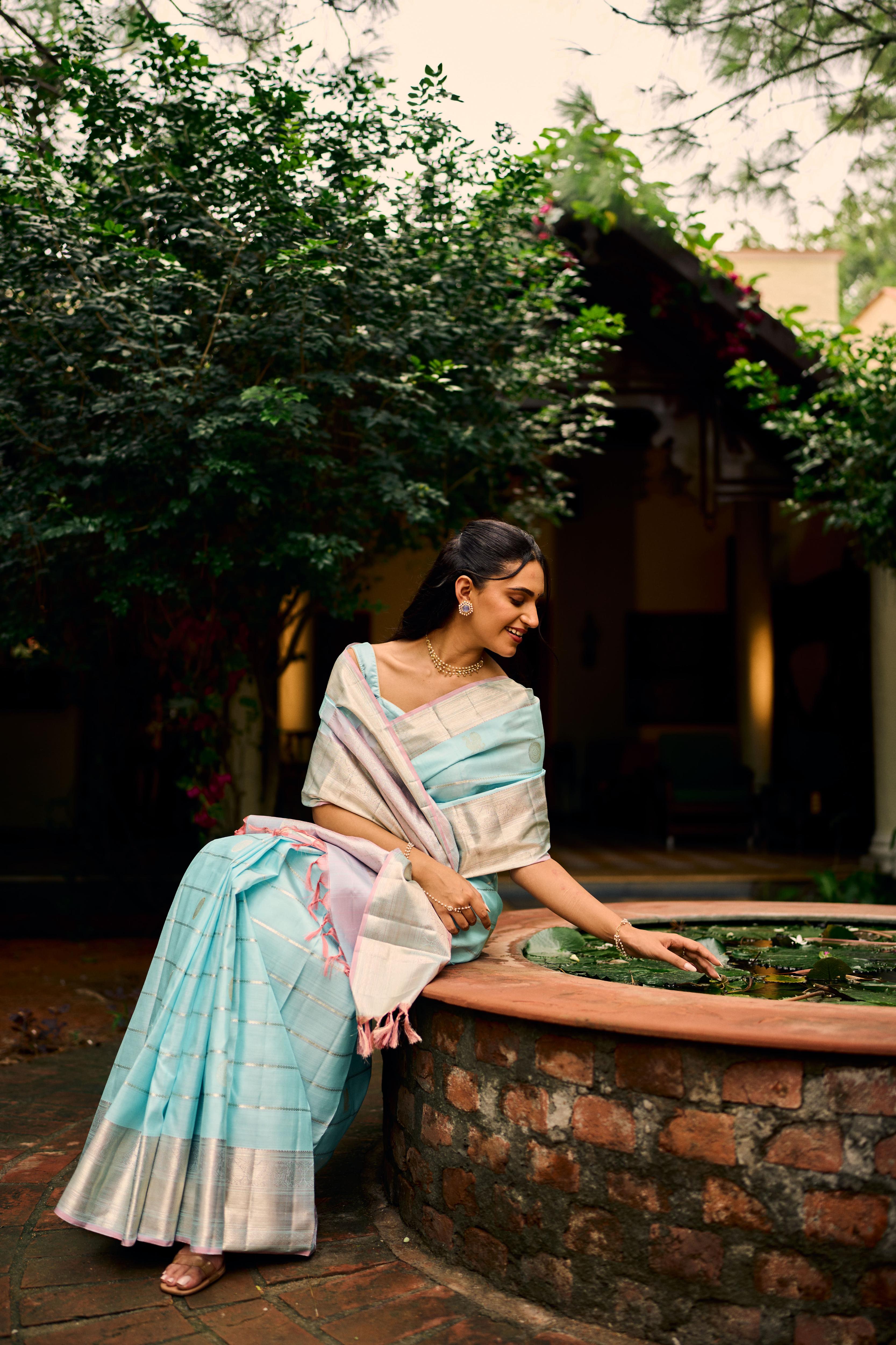 Ice Blue Pure Zari Pure Silk Pure Zari Kanjivaram Saree