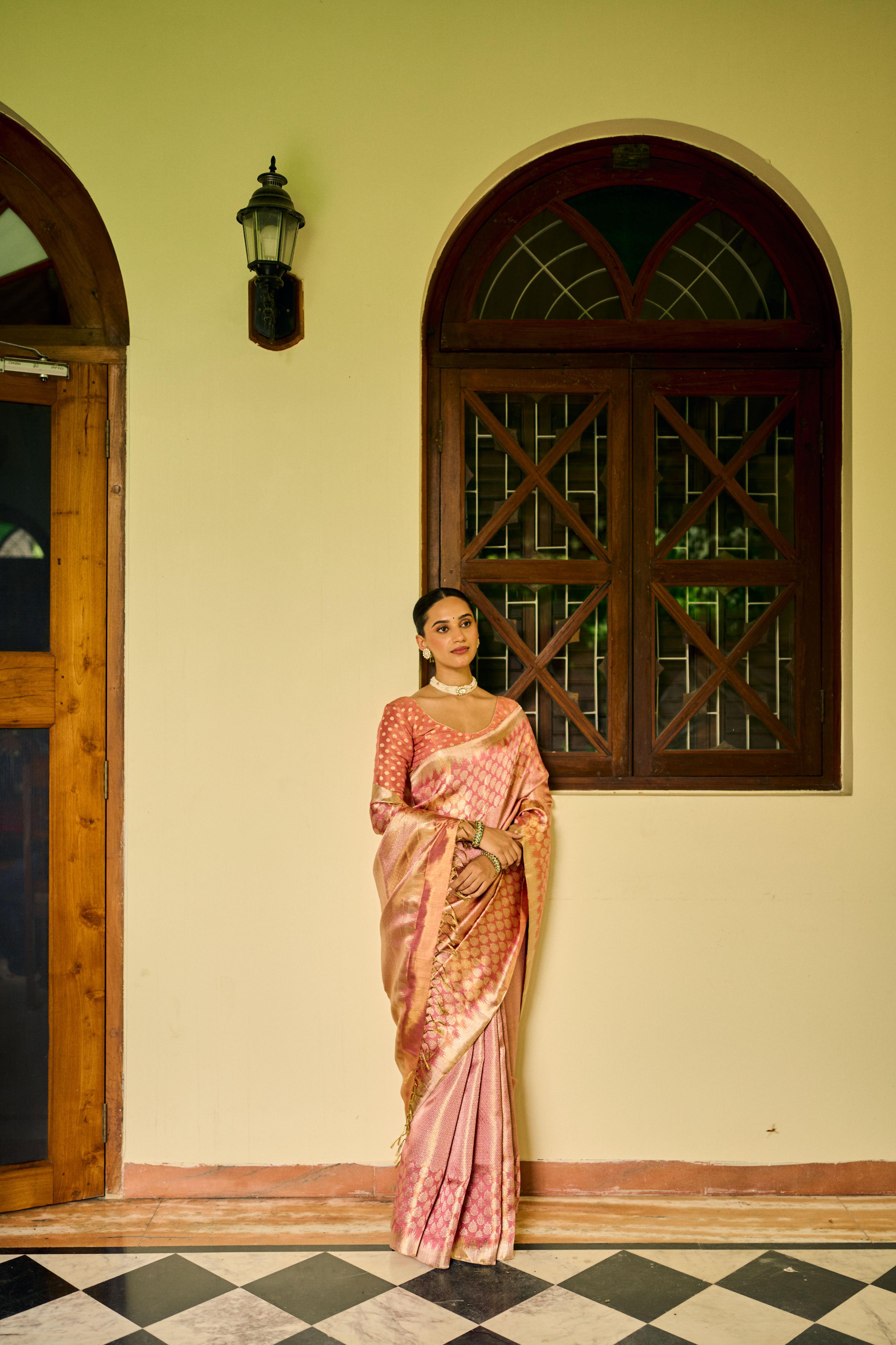 Tissue Pink Pure Zari Pure Silk Kanjivaram Saree