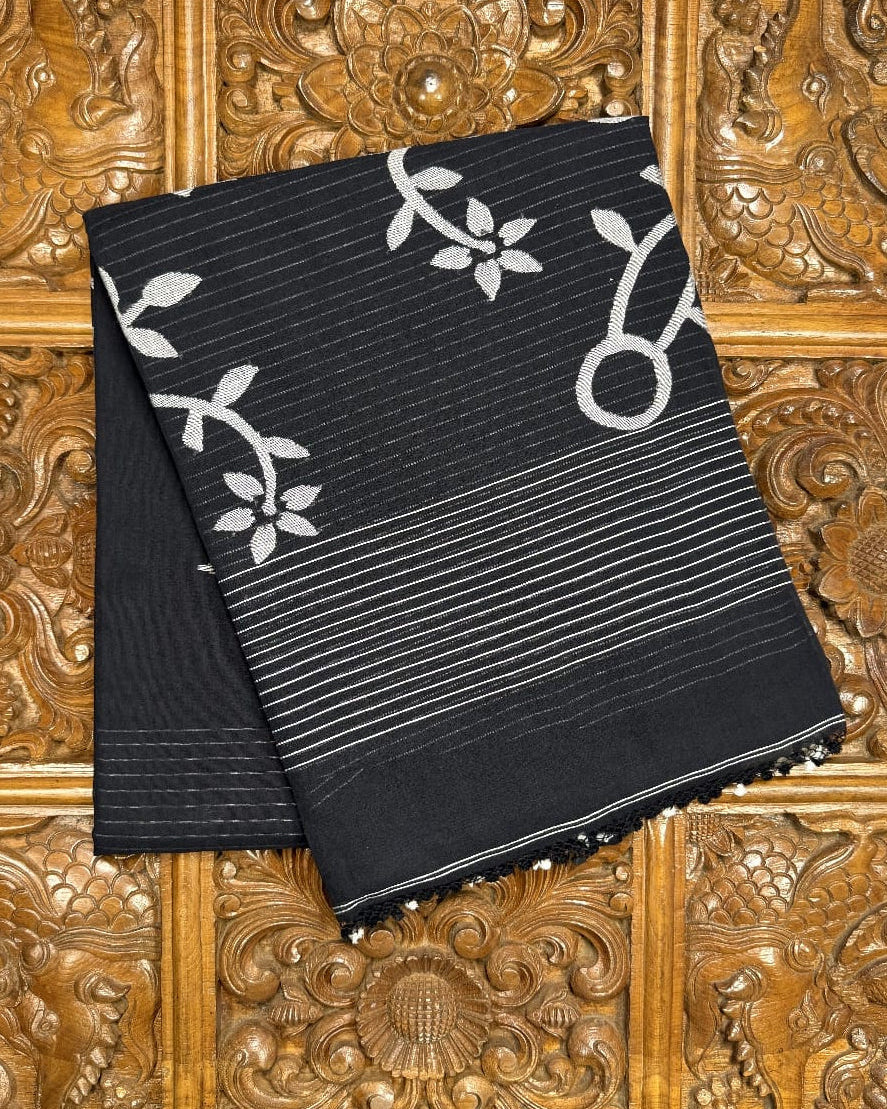 Mulmul Cotton Black Floral Striped Handloom Saree
