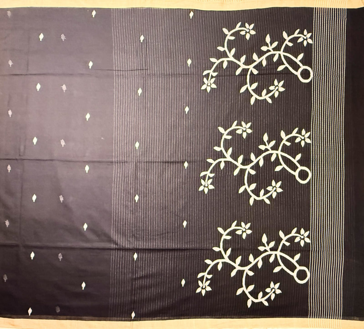 Mulmul Cotton Black Floral Striped Handloom Saree
