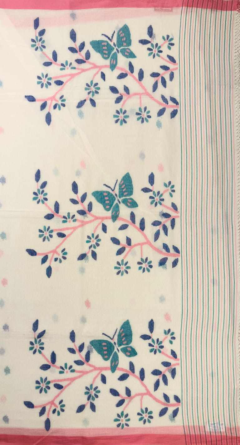 White Floral Malmal  Cotton Saree
