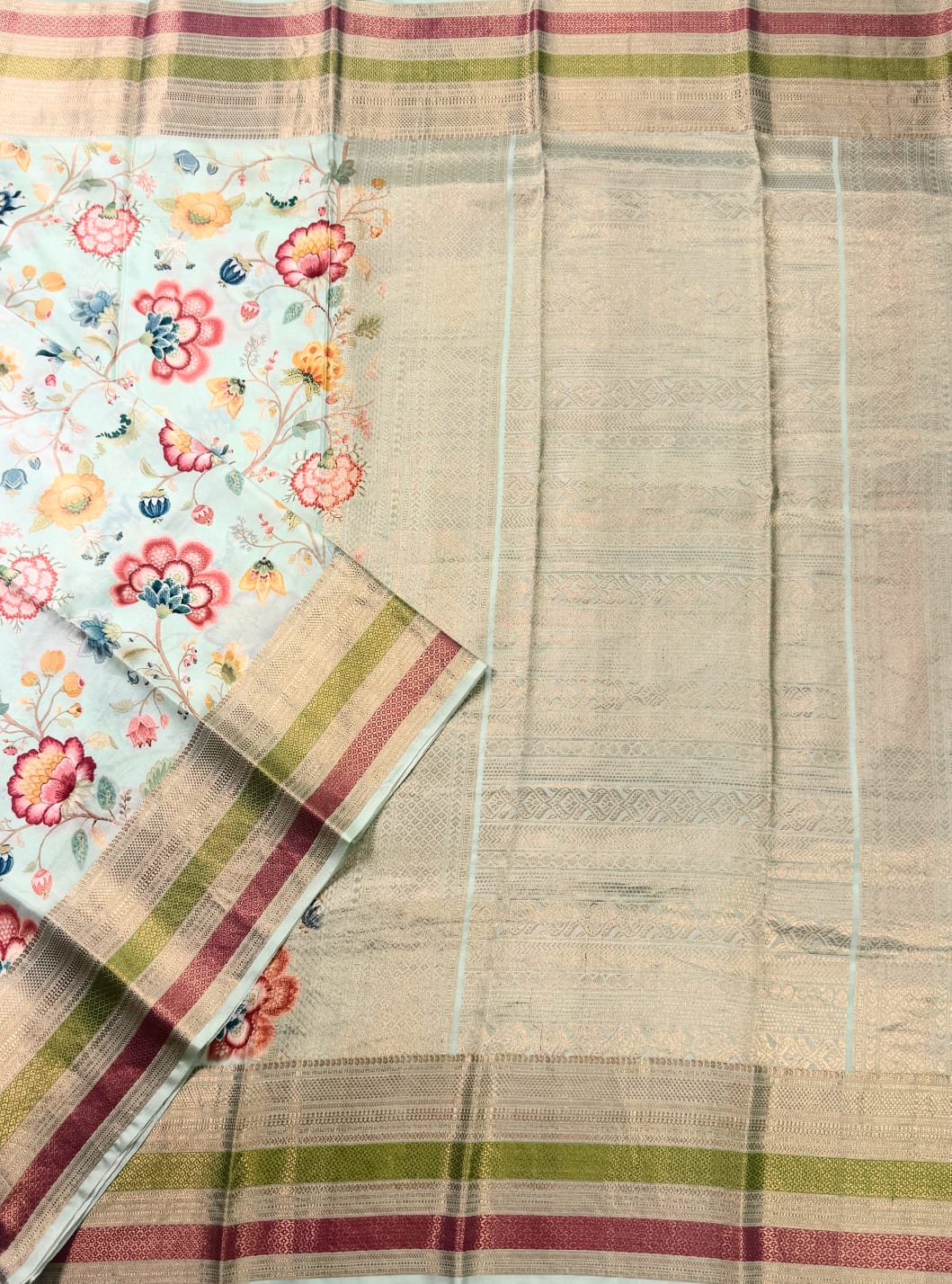 Green Pure Silk Kanjivaram Pastel Floral Saree