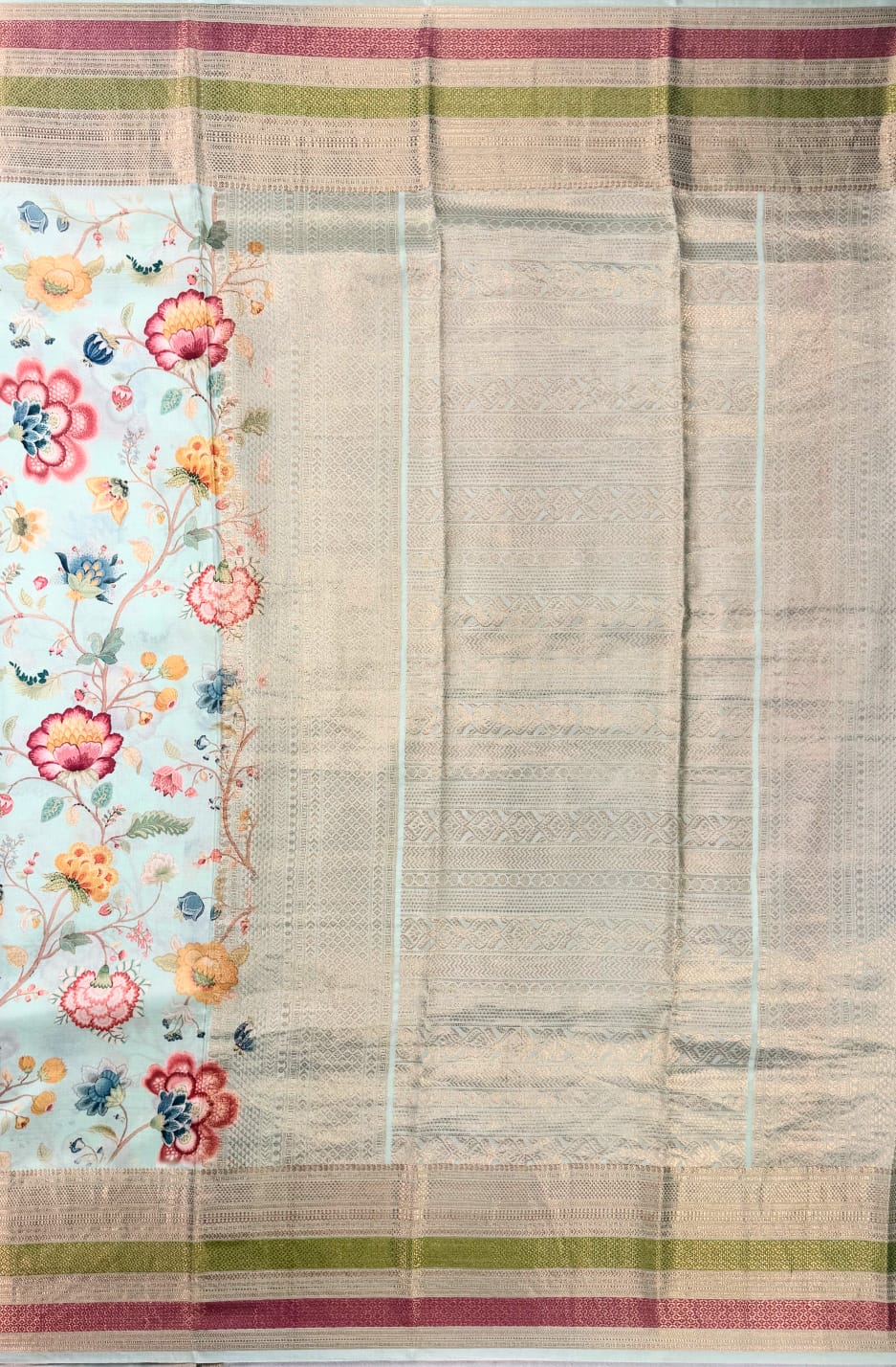 Green Pure Silk Kanjivaram Pastel Floral Saree