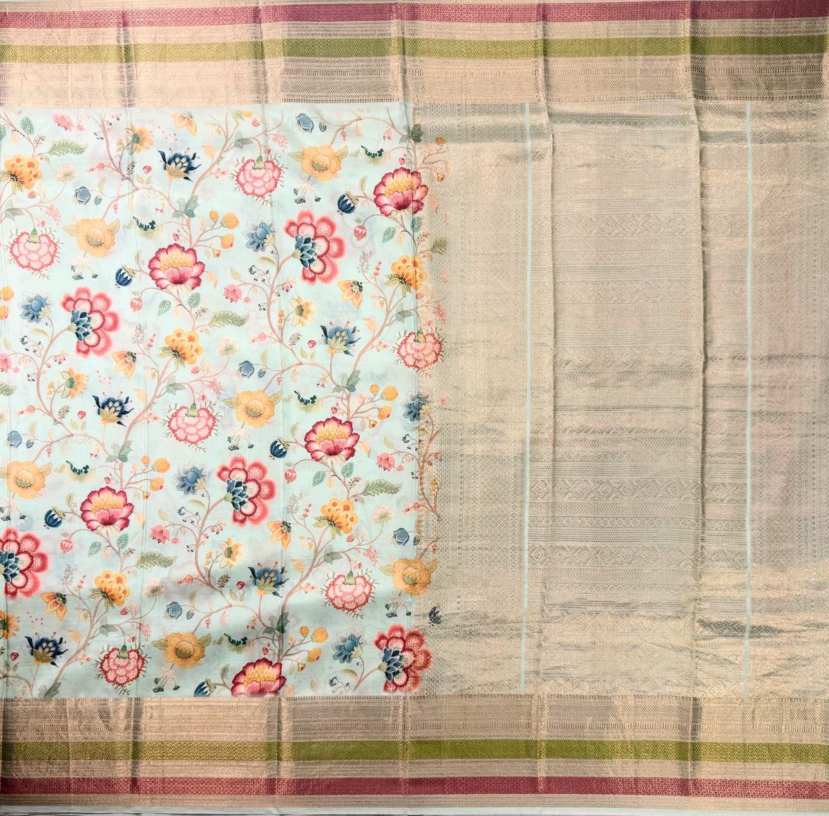 Green Pure Silk Kanjivaram Pastel Floral Saree